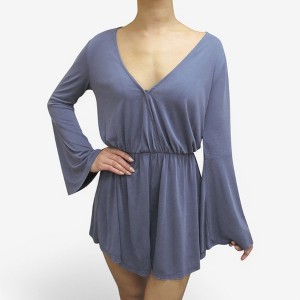 Anna-Kaci Women's Long Sleeve V-Neck Romper with Flowy Bell Sleeves - 1 of 4