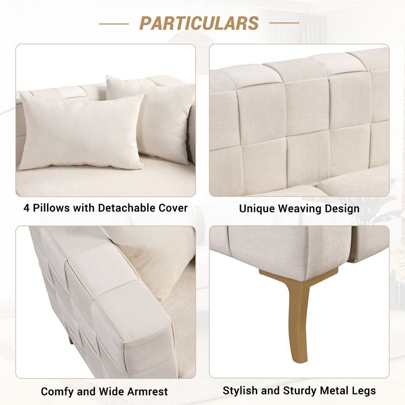 80.5" Modern Upholstered Sofa with Golden Metal Legs and 4 Pillows-ModernLuxe, 4 of 16