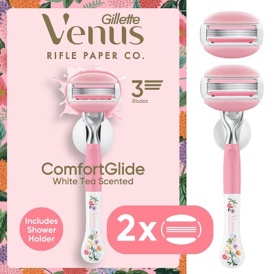 Venus + Rifle Paper Co. ComfortGlide White Tea 3-Blade Women's Razor with 2 Razor Blade Refills and Shower Holder