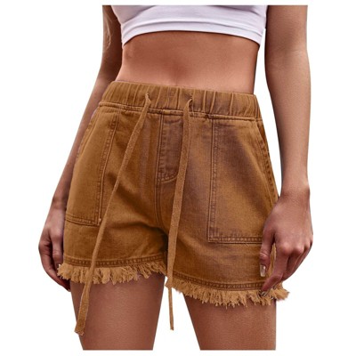 Womens Ripped Cuff Denim Shorts Summer Casual Shorts with Drawstring Elastic Wasit Lightweight Denim Shorts with Pockets