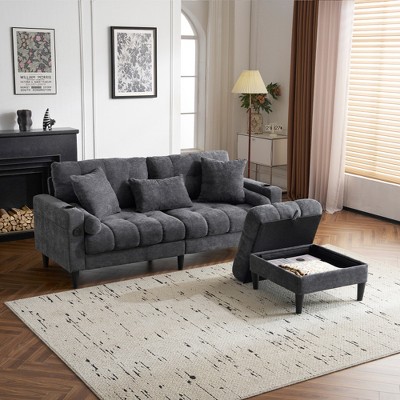 SKRAN 3 Seat L Shaped chenille Sofa with Removable and StorageOttoman,Side Storage,and USB/C-TYPE Charging Ports sofa for Living Room,Bedroom,Grey