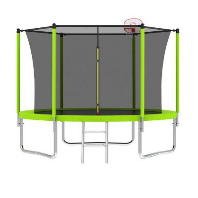 BestParts 8FT Outdoor Trampoline with Safety Enclosure – Green Heavy-Duty Frame & Basketball Hoop
