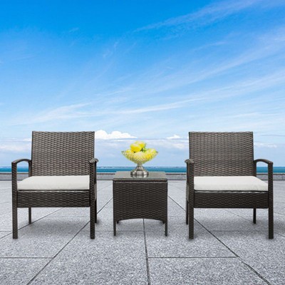 3-Piece Wicker Patio Conversation Set with White Cushion
