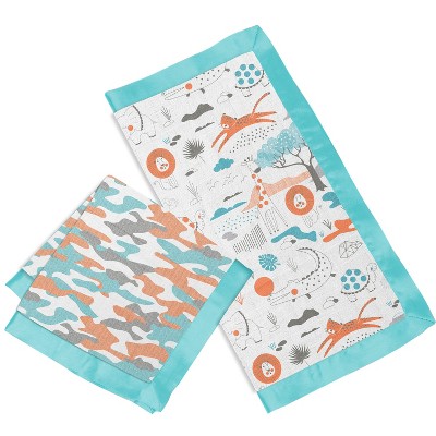 Bacati - Jungle Safari Camo Boys Muslin 2 pack Security Blankets Aqua Orange Gray