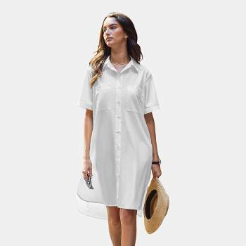 Women's White Short Sleeve Patch Pocket Midi Shirt Dress - Cupshe