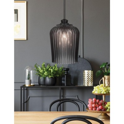 Cordova Matte Black Stem Hung Pendant with Silver Textured Glass