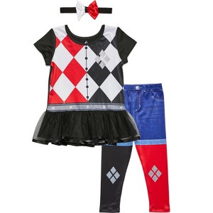 Warner Bros. Harley Quinn Girls Cosplay Costume Dress Leggings and Headband 3 Piece Set Toddler - 1 of 4