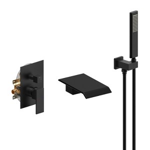 Matte Black Waterfall Bathtub Shower Faucet Set with Hand Shower, Wall Mount Tub Shower System with Solid Brass Rough-in Valve Shower Trim Kit - 1 of 4