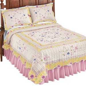 Collections Etc Felicity Multicolored Floral Diamond Ivory Quilt with Scalloped Edges and Navy Border - Microfiber Bedding - 1 of 3