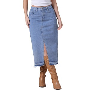 INSPIRE CHIC Women's Denim Front Slit Raw Hem High Waisted Midi Jean Skirts - 1 of 4
