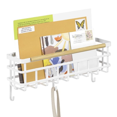 Mdesign Metal/bamboo Wall Mount Mail/key Holder, 5 Hooks, Matte  White/natural : Target