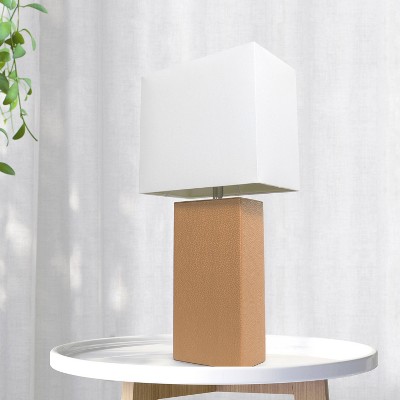 21" Beige Leather Base Table Lamp with Fabric Shade