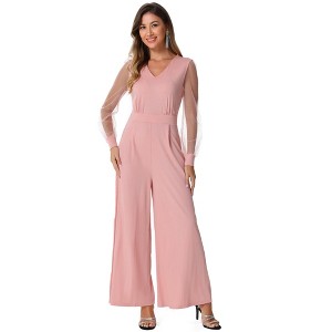 Allegra K Women's Elegant V Neck Mesh Long Sleeve Loose Wide Leg Party Jumpsuits - 1 of 4