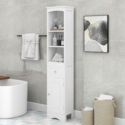 HOMCOM Freestanding Bathroom Tall Storage Cabinet Organizer Tower with Shelves & Compact Design White