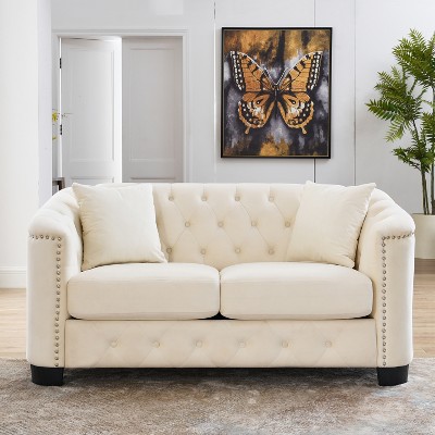 TiramisuBest 59" Modern 2-Seater Velvet Sofa, Tufted Backrests & Nailhead Trim with 2 Cushions for Living Room, Bedroom & Office - Beige