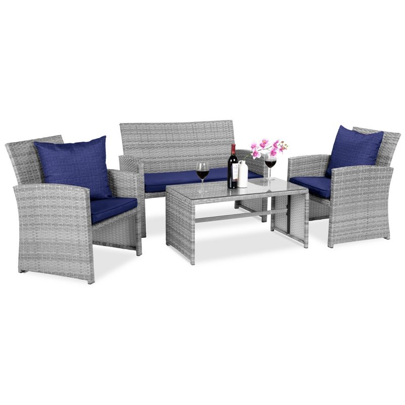 Best Choice Products 4-Piece Outdoor Wicker Patio Conversation Furniture Set w/ Table, Cushions, 1 of 9