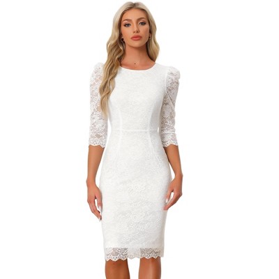 Allegra K Women's Crewneck 3/4 Sleeve Floral Lace Hidden Zipper Bodycon Dress