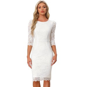 Allegra K Women's Crewneck 3/4 Sleeve Floral Lace Hidden Zipper Bodycon Dress - 1 of 4