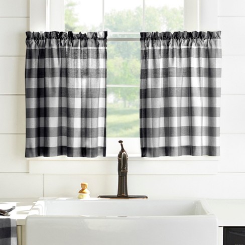 Tucker Ticking Stripe Button Tab Top Window Kitchen Tier Set of 2 - 30 x  36 - Gray - Elrene Home Fashions