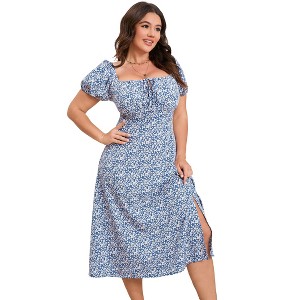 Womens Plus Size Square Neck Wrap Maxi Dress High Waist Ruffle Summer Casual Dress - 1 of 4