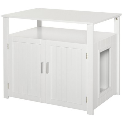 PawHut Wooden Cat Litter Box Enclosure Furniture with Adjustable Interior Wall & Large Tabletop for Nightstand