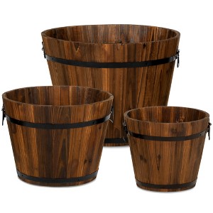 Best Choice Products Set of 3 Rustic Wood Bucket Barrel Flower Garden Planters Set w/ Drainage Holes, Multiple Sizes - 1 of 4