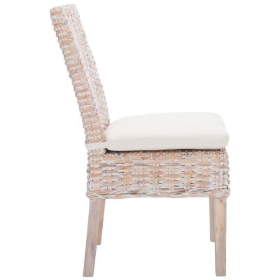 White Upholstered Rattan Side Chair with Natural Wood Legs