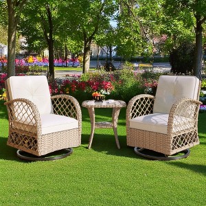 3-Piece Outdoor Chair & Table Set - 2-Person Rattan Seating Group with 360° Swivel Chairs and Glass-Topped Square Table for Patio, Garden, or Balcony - 1 of 4