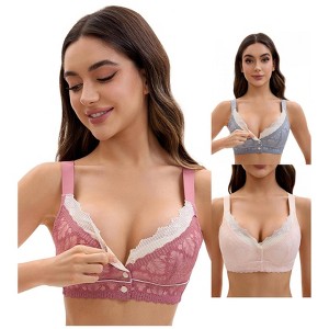 INSPIRE CHIC Front Closure for Women's Lace Full Coverage V Neck Wirefree Adjustable Straps Bras 3 Packs - 1 of 4