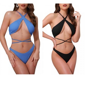 INSPIRE CHIC Women's Criss Cross Backless Ribbed Strappy Top Triangle Bottom Swimwear Bikini Suits 2 Sets - 1 of 4