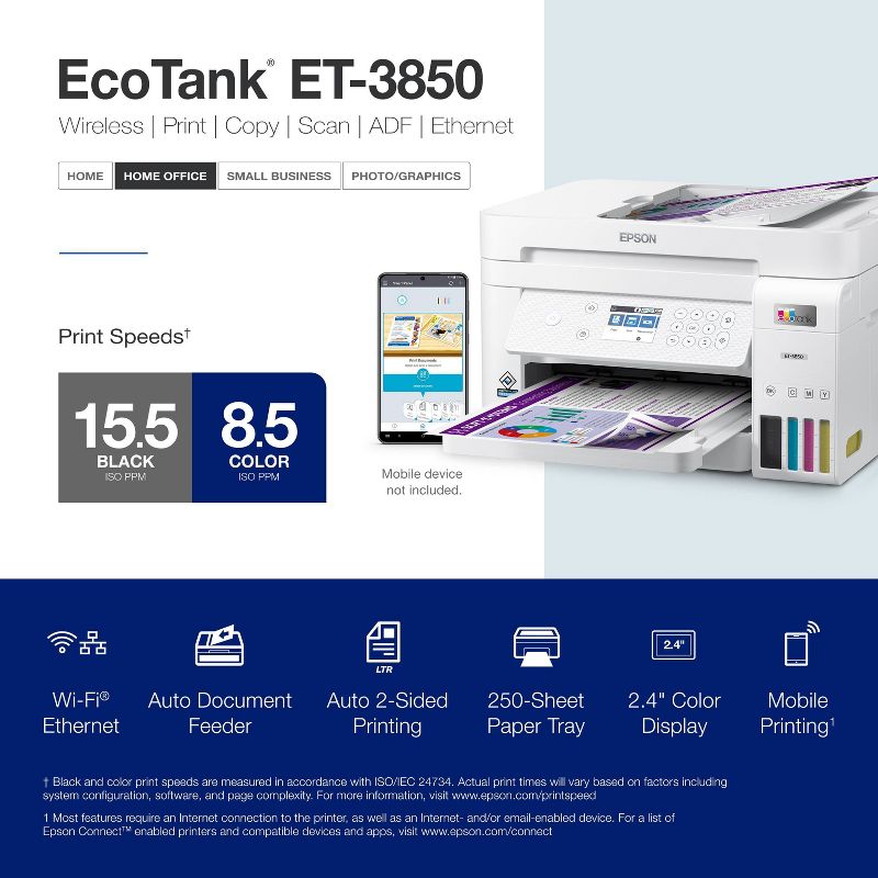 Epson EcoTank ET-3850 Wireless Color All-in-One Cartridge-Free Supertank Printer, Copier, Scanner - White, 6 of 9
