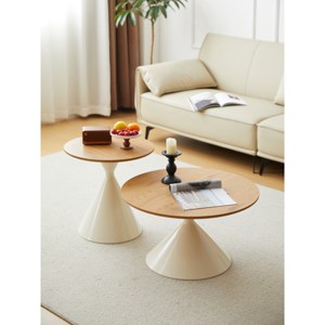 2-Piece Modern Round Coffee Table Set with Brown Wood Veneer Top and White Metal Cone Base for Living Room-Baofuwish - 1 of 4