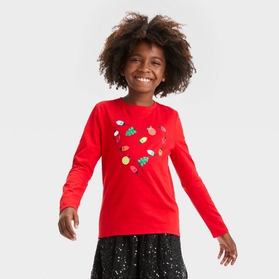 Girls' Long Sleeve 'Holiday Lights' Graphic T-Shirt - Cat & Jack™ Dark Red M