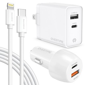 Overtime Wall and Car Charger Kit with Apple MFI Certified 6ft USBC-to-Lightning Charging Cable for Apple iPhone/iPad Lightning Devices, White - 1 of 4