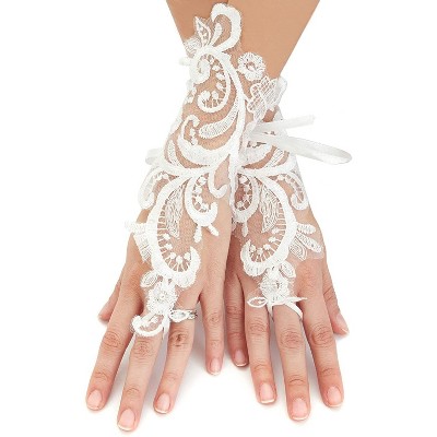 Sparkle and Bash 8-Inch White Lace Fingerless Bridal Gloves with Rhinestones for Weddings