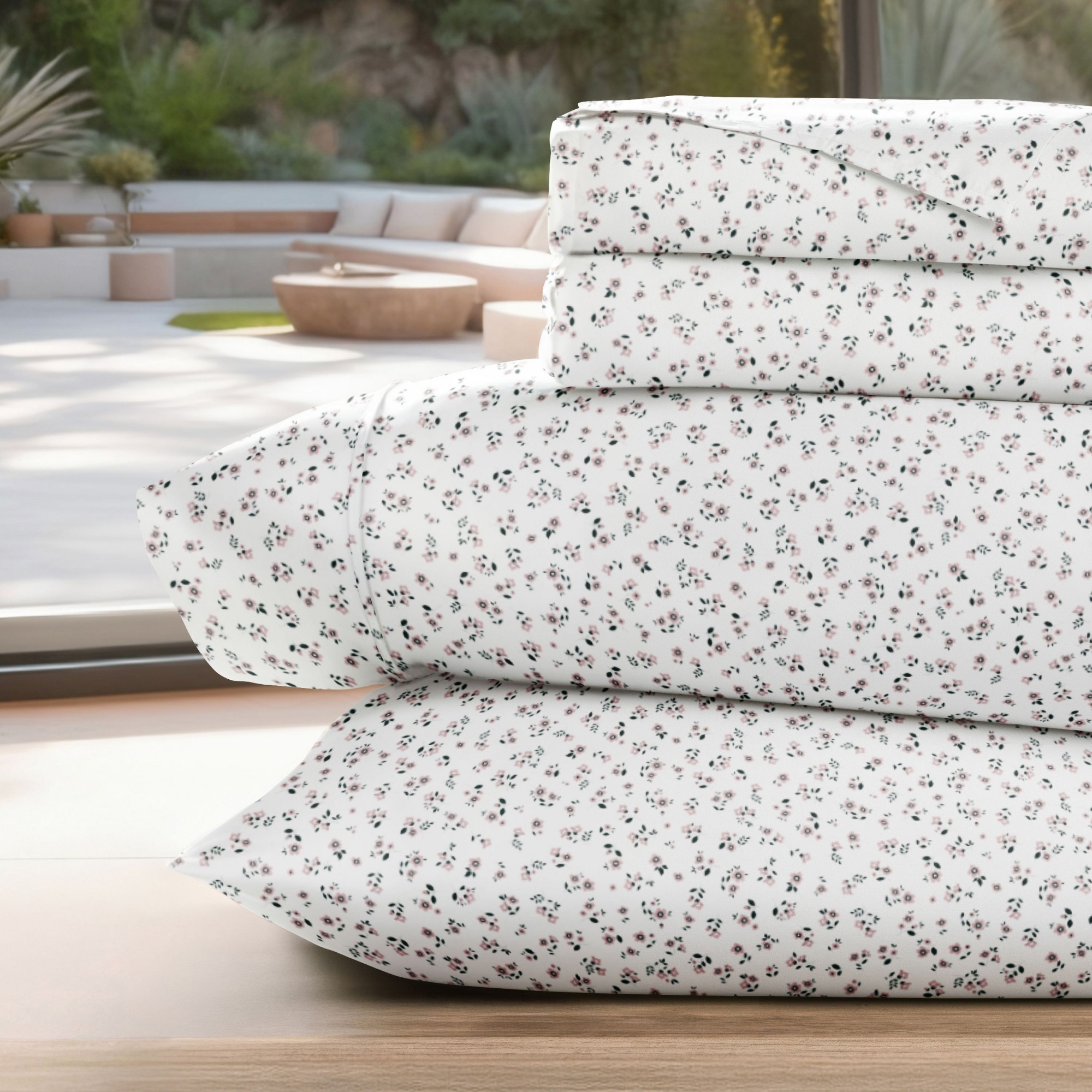 Delicate Blossoms Floral Patterned Ultra-Soft 4 Piece Bed Sheet Set - Becky Cameron, Ditsy Floral Pale Mauve, King