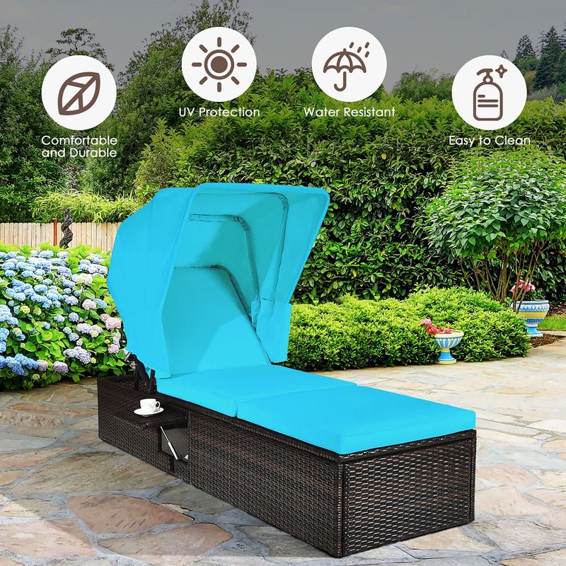 Costway 2PCS Patio Rattan Lounge Chair Chaise Cushioned Top Canopy Adjustable Turquoise, 5 of 11