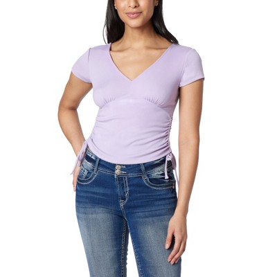 WallFlower Women's Madeline Short Sleeve V-Neck Yummy Rib Top With Ruched Sides