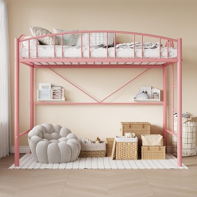 Loft Bed/Bunk Bed Twin Size with Ladde and Arched Guardrail, Heavy Duty Metal Bed Frame for Kids and Adults, Small Space Saving Design