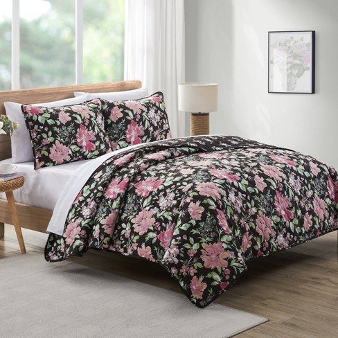  3 Pieces Floral Quilt Set Queen Size Beige Pink Rose