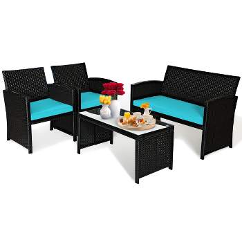 Tangkula 4 Piece Outdoor Patio Rattan Furniture Set Turquoise Cushioned Seat For Garden, Porch, Lawn