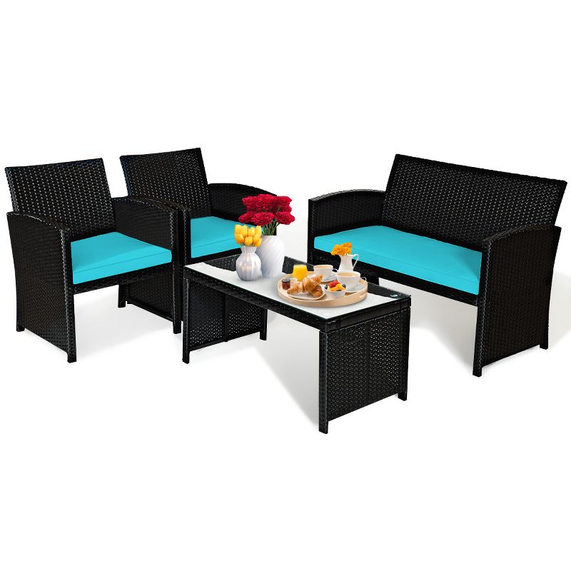 Tangkula 4 Piece Outdoor Patio Rattan Furniture Set Turquoise Cushioned Seat For Garden, Porch, Lawn, 1 of 9