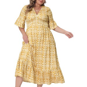 Agnes Orinda Women's Plus Size Boho Floral Bell Sleeve Ruffled Hem Deep V Neck A Line Maxi Dresses - 1 of 4