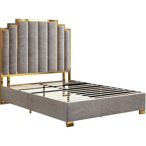 AMERLIFE Upholstered Bed, Modern Velvet Bed Frame with 61.4" Tall Gold Trim Headboard - 1 of 4