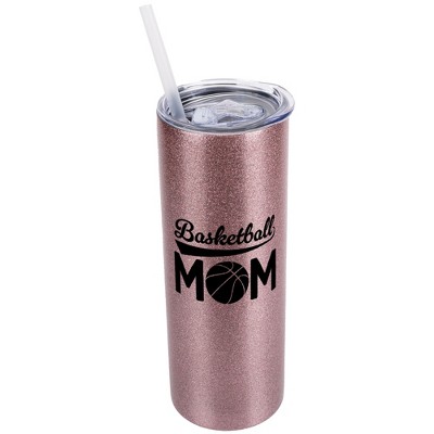 Elanze Designs Bubblegum Pink 20 Ounce Double Wall Stainless Steel Glitter Travel Tumbler With Sliding Lid And Straw, Basketball Mom