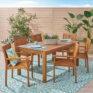 GDFStudio Neron Outdoor Acacia Wood 7 Piece Dining Set with Expandable Dining Table, Teak - 1 of 4