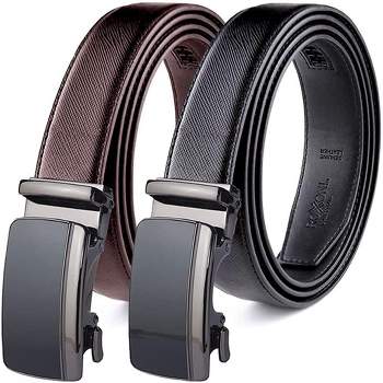 Roxoni Men's Genuine Leather Ratchet Dress Belt (2 Pack) - Solid Silver Lined Gloss, Enclosed in an Elegant Gift Box, Adjustable from 28" to 48" Waist