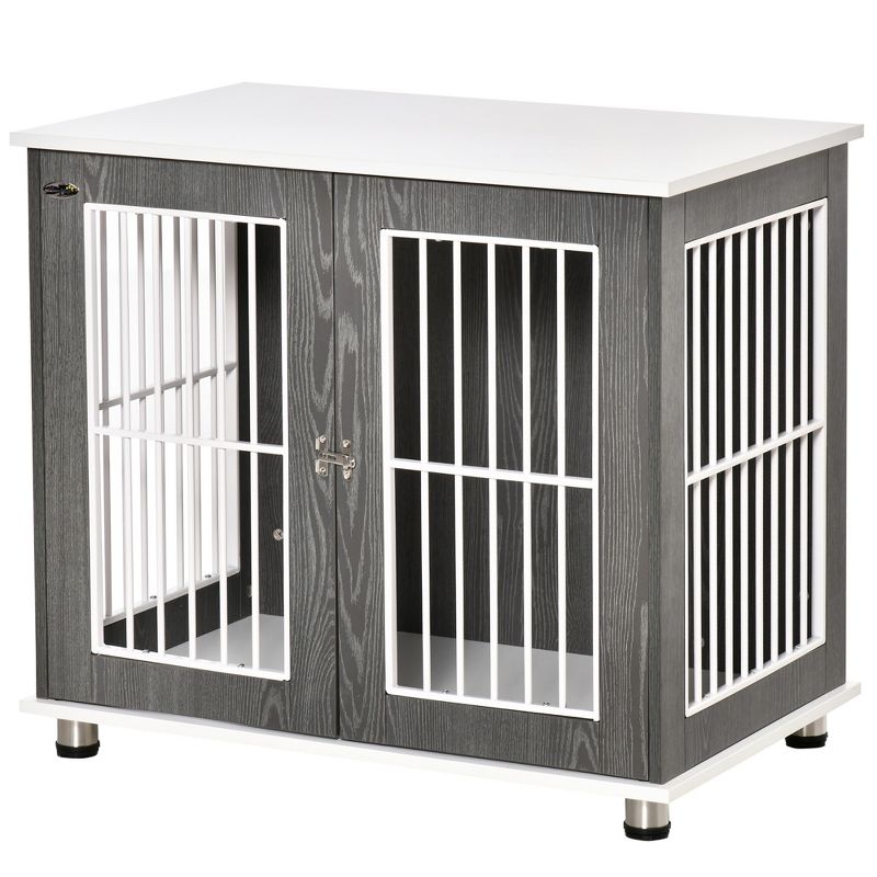PawHut 34'' 2-in-1 Wooden Dog Kennel, Modern Wire Animal Crate, Pet Cage with Lockable Door and Foot Pads, for Small and Medium Dogs, Gray and White, 4 of 7