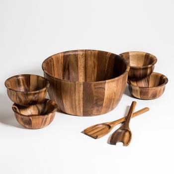 Kalmar Home Solid Acacia 7 Piece - X-Large Salad Bowl with Servers and 4 Individuals