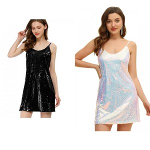 Allegra K Women's Glitter Sequin Spaghetti Strap V Neck Cocktail Sparkly Mini Dress 2 Packs - 1 of 4